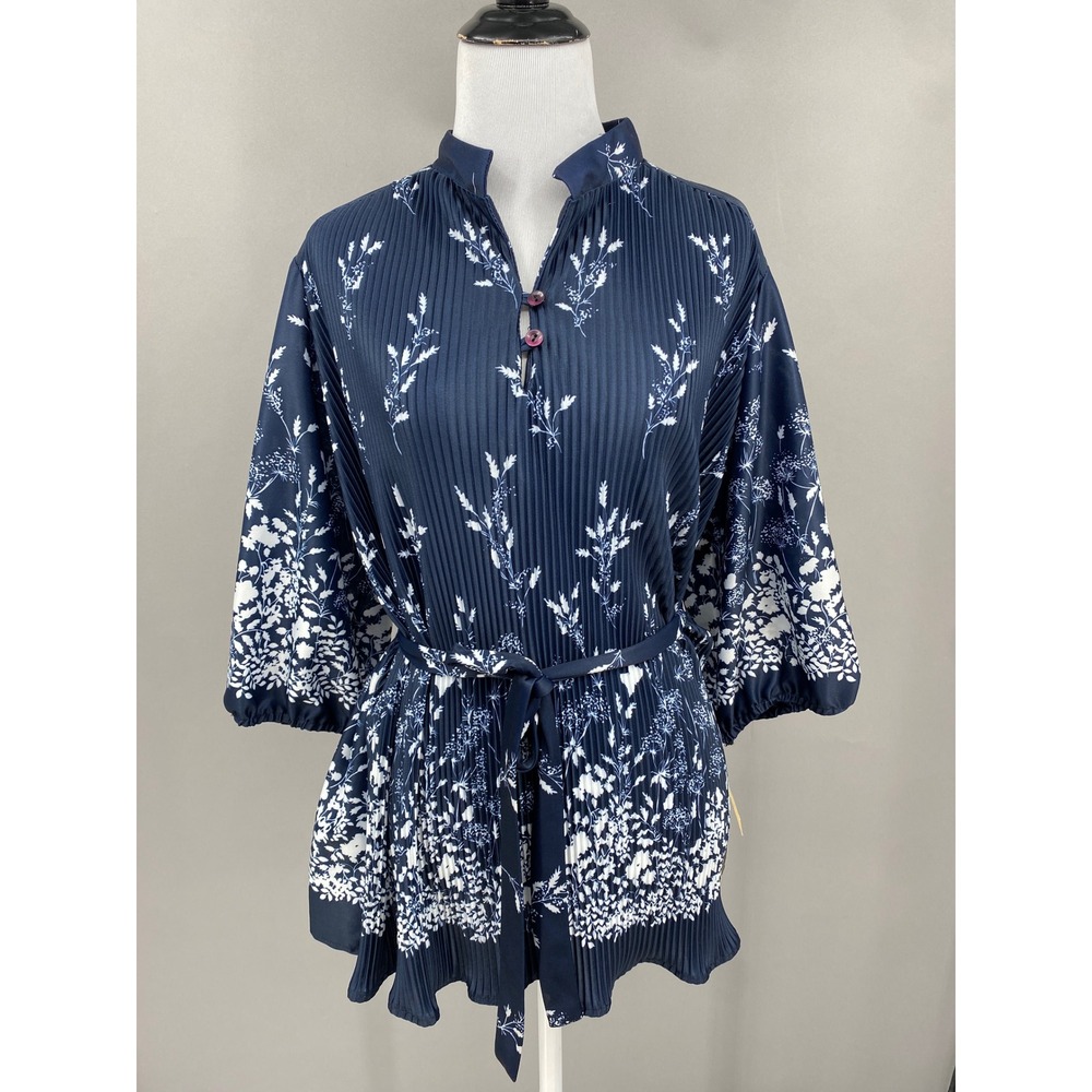 Vtg 70s 80s Lady Orweco Sport Floral Pleated Tunic Top Womens 44 Navy Blue 1X 2X
